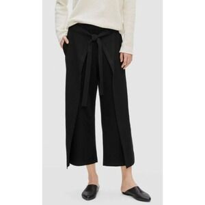 Eileen Fisher Washable Stretch Crepe Black Cropped Wide Leg Tie Waist Pants Sz L